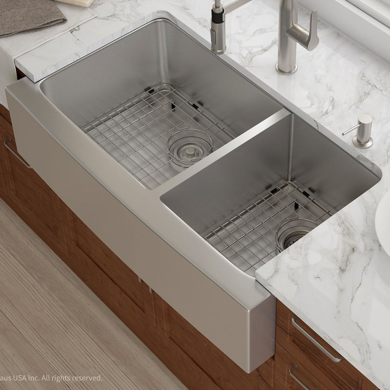 Kraus 36" x 21" Double Basin Farmhouse Kitchen Sink with Drain Assembly